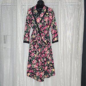 Vintage 90's Gold Label Full Length Floral Robe W/ Black Lace Trim SzP/S